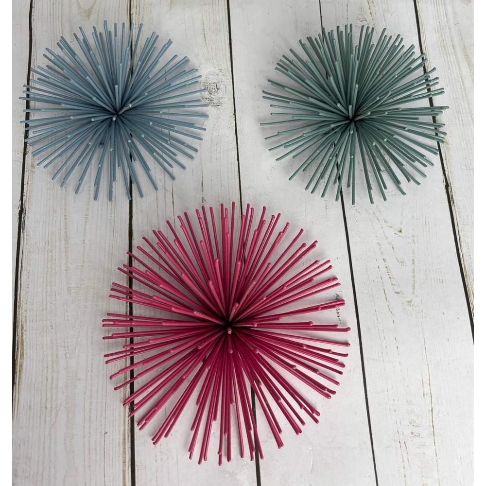 Set of 3 Metal Sea Urchin Wall Art Starburst Sculpture Pink Green Blue MCM Decor